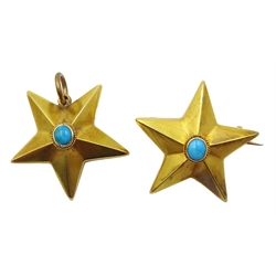 Victorian 18ct gold star brooch and matching 21ct gold pendant, both set with single cabochon turquoise stones