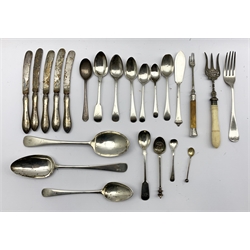 George III silver dessert spoon engraved with a crest London 1788 Maker Hester Bateman, two silver table spoons, silver fox hound tea spoon and various other silver spoons, silver handled knives etc weighable silver 13oz