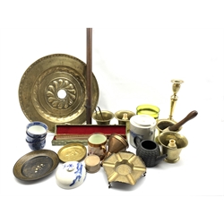 18th century alms dish D39cm, four brass mortars,  19th century candlestick and other items 