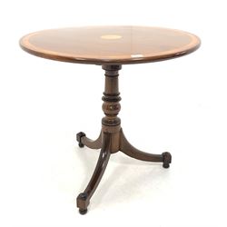 19th century mahogany occasional table, the circular top centred by an inlaid fan and bordered by a satinwood band, raised on a turned column and three splayed supports D78cm, H71cm