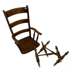 Elm and beech farmhouse armchair, high ladder back over swept arms with ring turned spindle supports, shaped saddle seat raised on turned supports united by H-stretcher