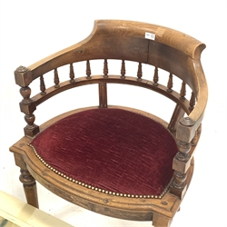 Edwardian walnut tub shaped armchair, 20th century bar stool, Victorian inlaid walnut mirror shelf with oval bevelled plate and a painted wood wall hanging coat rack (4)