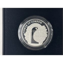 Four The Royal Mint United Kingdom 2020 'The Tower of London Coin Collection' silver proof piedfort five pound coins, comprising 'The Infamous Prison', 'The White Tower', 'The Royal Mint', and 'The Royal Menagerie', all cased with certificates (4)