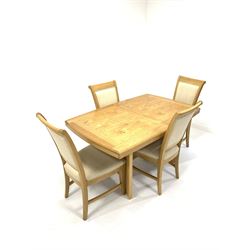 Contemporary light oak extending dining table, with one additional leaf (W90cm, L140cm H75cm) together with a set of four matching light oak dining chairs, upholstered in natural linen fabric, (W47cm)