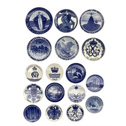 Collection of Royal Copenhagen commemorative plates including the 50th anniversary Battle at Dybbol 1864-1914, 1881-1916, 1866-1906, San Francisco 1915, 1879-1904, 1947-1972, 1873-1898, 1943-1993 and others (17)