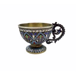 Late 19th century Russian silver-gilt and Cloisonne cup by Ivan Kuzmich Yashin,  the base stamped makers mark in cyrillic, assay master B.C Viktor Vasilyevich Savinsky, Moscow 1884 H4cm x W7cm 