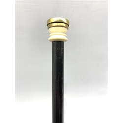 Early 20th century ebonised evening cane, with later threaded brass and glass top inset with a photograph, L91cm 