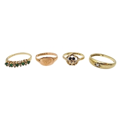 Gold single stone diamond ring, two gold stone set rings and a gold signet ring, all hallmarked 9ct (4)