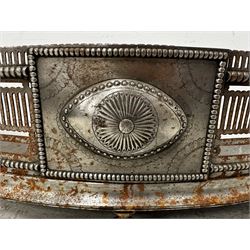 George III bow front steel fender, the pierced frieze centred by a stylised oval patera terminal with engraved and beaded decoration, within beaded borders and ball supports, L93cm together with a matching George III design fender, L100cm 