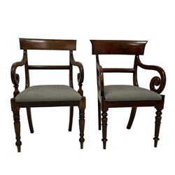 Near pair Regency period mahogany armchairs or carvers, shaped cresting rail, scrolled arm terminals, drop-in seat upholstered in blue lozenge patterned fabric, raised on turned supports