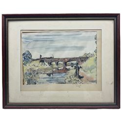 Ralph Richardson (British 1902-1983): Steam Train Travelling over a Viaduct, watercolour and crayon signed and inscribed and dated '46 on the mount 24cm x 33cm
