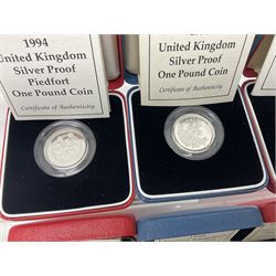Six The Royal Mint United Kingdom silver proof one pound coins, comprising 1992, 1994 piedfort, 1995, 1995 piedfort, 1996 and 1999, all cased with certificates