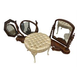 Victorian mahogany swing mirror with spiral turn horns, trinket compartment to shaped base, carved feet (H78cm); Cream and gilt footstall upholstered in buttoned champagne fabric with foliate design, four supports with scroll foliate knees (H44cm); Victorian mahogany swing mirror with moulded horns, trinket compartment to shaped base, carved feet (H82cm); early to mid-20th century octagonal mirror, the frame with internal and external beading, bevelled plate (54cm x 54cm) (4)