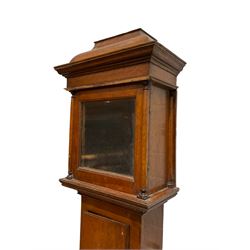  Mid-18th-century empty oak longcase - with an ogee caddy top above a broad moulded cornice, square hood door with attached pillars and wooden capitals, long trunk door on a square plinth with an applied decorative and shaped skirting, square dial mask with a 12” aperture.