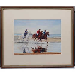 Beth Boyes (British Contemporary): Galloping on the Beach, oil on board signed 29cm x 39cm; 'Wood Sandpiper' and 'Common Tern', pair watercolours unsigned 33cm x 23cm (3)