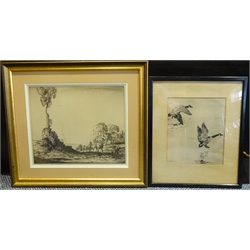 Ernest Herbert Whydale (British 1886-1952): Working Horses, etching signed in pencil 26cm x 31cm, and 'Geese Alighting', print of an etching by Frank Weston Benson (American 1862-1951) 21cm x 17cm (2)