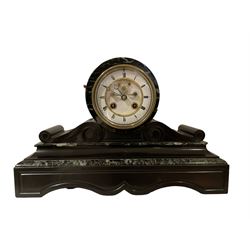 French - late-19th century 8-day drum clock, in a Belgium slate and variegated marble case with a two-piece enamel dial and visible Brocot escapement, count wheel striking movement striking the hours on a bell.