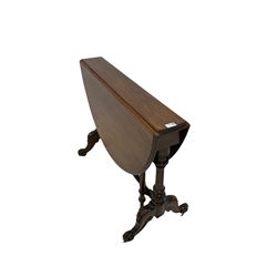 Victorian mahogany drop leaf table, the oval drop leaf top over gate leg action and turned supports, terminating in ceramic castors 