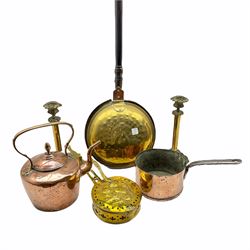 19th century copper kettle, copper saucepan inscribed Russell, brass warming pan, chestnut roaster and a pair of brass candlesticks H29cm