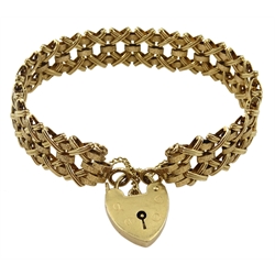 9ct gold three bar and cross over link bracelet, with heart locket hallmarked 9ct, approx 17.07gm