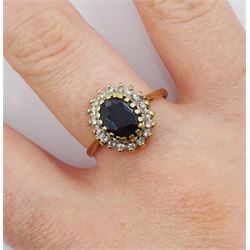 9ct gold oval sapphire and diamond chip cluster ring, hallmarked