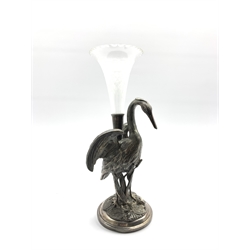Silver plated epergne by Thomas Wilkinson in the form of a stork standing on a naturalistic base and fitted with a single glass trumpet shape vase H30cm 