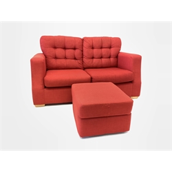 Contemporary two seat sofa, upholstered in red linen, with buttoned loose cushions, raised on beech block supports, together with a matching ottoman