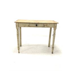 Victorian pine side table, fitted with one drawer, raised on turned supports 95cm x 48cm, H76cm