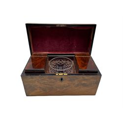 George III figured mahogany tea caddy, with white metal handle and inlaid lozenge shaped escutcheon, the hinged cover enclosing two lidded containers and later cut glass bowl, L30cm x H15cm 