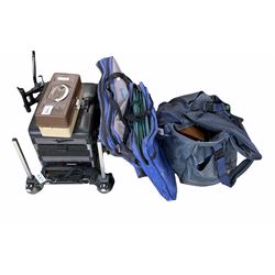 Fishing tackle including floats, pole elastic, various storage boxes, Abu Garcia reel, Maver MX 1000 fishing box seat, carry bags, other fishing related items etc