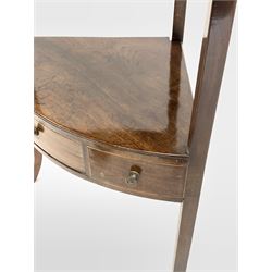 Georgian mahogany bow front corner washstand, two tiers, fitted with a drawer and two faux drawers with string inlay, raised on square splayed supports W60cm