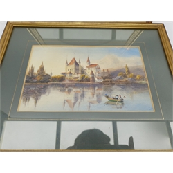 Victorian oval cork picture depicting Windsor Castle within an embossed paper surround, 29cm x 24cm together with an early 20th century watercolour of a Continental castle indistinctly signed 14cm x 22cm (2)