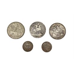 George IV 1821 crown, Queen Victoria 1889 crown, King George V 1935 crown and two shillings dated 1826 and 1887 