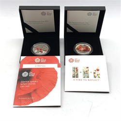 The Royal Mint 2017 and 2018 'The Remembrance Day' silver proof piedfort five pound coins, both cased with certificates