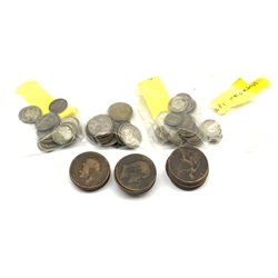 Pre 1920 and pre 1947 silver threepence pieces, pre-decimal pennies and other mostly Great British coinage, loose and in a small ladies purse 