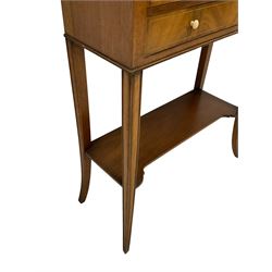 Edwardian Revival mahogany bookcase, shaped ends supporting upper shelf over two short and one long drawers, on moulded tapering and out-splayed supports joined by undertier