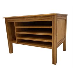 Pitch pine artist or folio cabinet, fitted with three open shelves and vertical recess, reeded fronts, on square supports