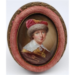 English School (19th century): Portrait of a Lady with Fur Hat, oval enamel miniature on copper unsigned 5.5cm x 4cm