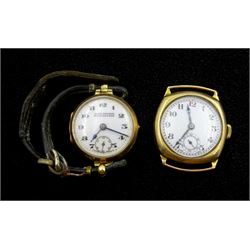 Two early 20th century 9ct gold manual wind wristwatches, both hallmarked, one on a leather strap 