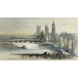 David Scott-Martin (British contemporary): 'The Thames Westminster', impressionist watercolour signed and titled 27cm x 50cm