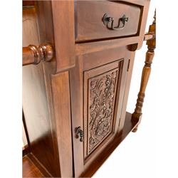 Edwardian style walnut hall stand, fitted with bevelled mirror, coat hooks, drawer and cupboard H210cm