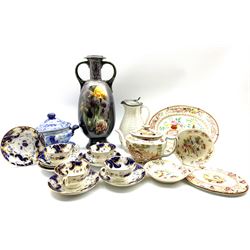 19th century pearl ware sauce tureen and cover printed in blue and white, small Spode meat plate, Edge Malkin tea pot and stand, Victorian tea cups and saucers and other items (9) 
