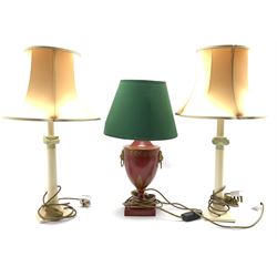 Three pairs of lamps with shades and another table lamp with toleware style base, lion mask ring handles and green shade (7)