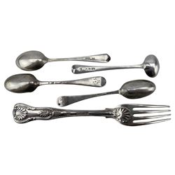 Early 19th century silver salt spoon, Victorian silver Kings pattern dessert fork and three teaspoons