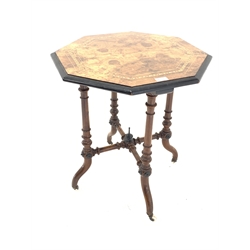  Small Victorian burr walnut occasional table, the octagonal top with string and chequered inlay and moulded ebonised edge, raised on four ring turned and splayed supports and ceramic castors, 55cm x 55cm, H63cm  