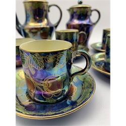 Art Deco Maling lustre coffee set decorated in the Plum and Orchid pattern, no. 3449 comprising coffee pot, hot water pot, sugar bowl and six coffee cups & saucers