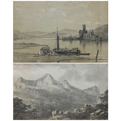 Henry William Burgess (British 1792-1839): Fjord Landscape with Church, pencil on paper signed and dated 1835; H Green (British 19th century): 'Cadair Idris' Wales, pencil on paper signed, dated 1804 verso; English School (19th century): Travellers in Lake Landscape, watercolour unsigned; after George Morland (British 1763-1804): Picnic by Cottage, early black and white print max 25cm x 36cm (4)