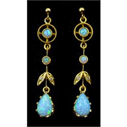 Pair of silver-gilt three stone opal and cubic zirconia pendant earrings, stamped Sil