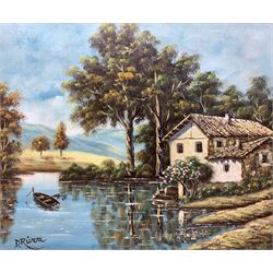 D Rivera (Continental 20th century): Lakeside Villa, oil on canvas signed 45cm x 54cm