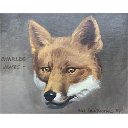 Neil Cawthorne (British 1936-): 'Charles James - Fox Mask', oil on board signed and dated '87, possibly referring to 18th century politician 'Charles James Fox'  19cm x 24cm 